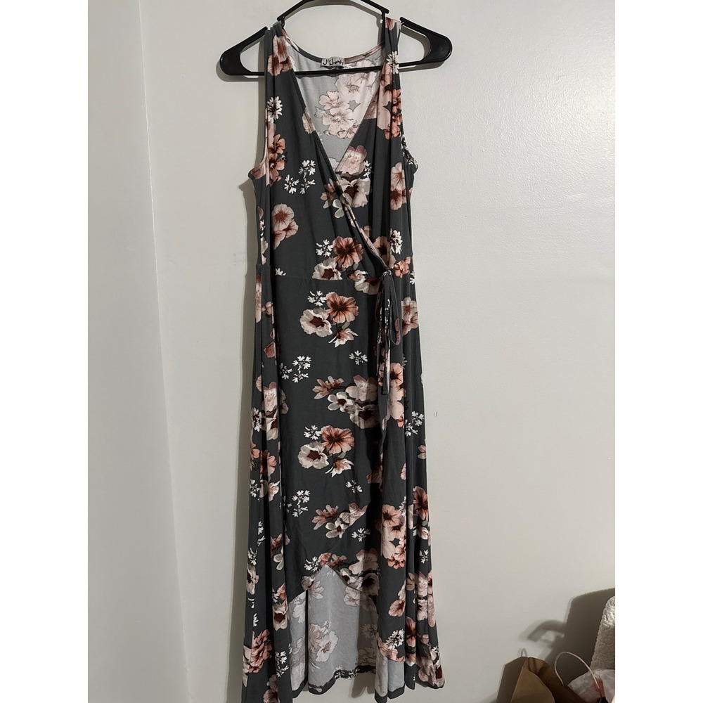 J for Justify Floral High Low Maxi Dress Gray Pink Sleeveless Faux Wrap 1X